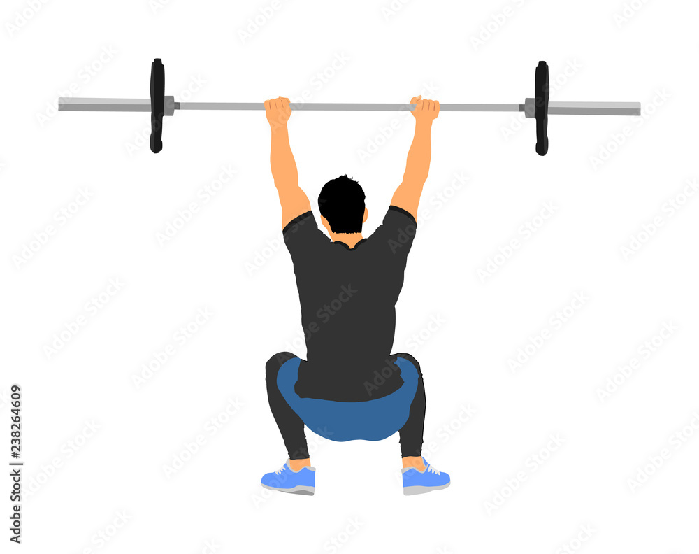 Weightlifter in gym vector illustration isolated on white background. Working out. Sports guy doing exercise with barbell. Sports man body builder in training. Health and fitness. Personal trainer. Weightlifter in gym vector illustration isolated on white background. Working out. Sports guy doing exercise with barbell. Sports man body builder in training. Health and fitness. Personal trainer.