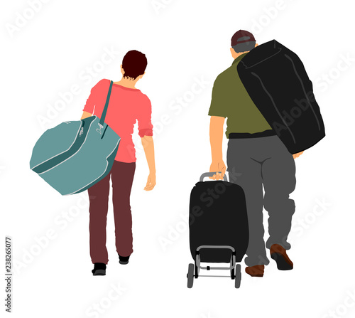 Passenger couple with luggage walking at airport vector illustration. Traveler with many bags go home. Man and woman carry baggage. People with heavy cargo load waiting taxi after vacation holiday.