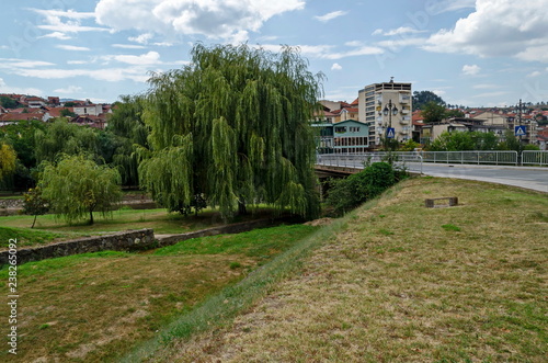 View of residential district with  houses and bridge above river Bregalnica in  town Delchevo among Maleshevo and Osogovo mountains, Macedonia, Europe   photo