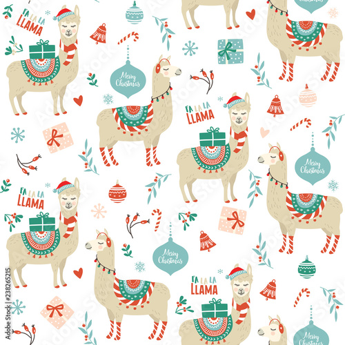 Cute cartoon llama alpaca seamless pattern vector graphic design for Christmas holiday