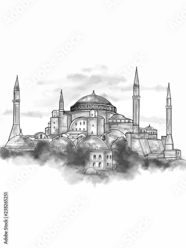 Photography The Hagia Sophia - Ayasofya museum in Turkey illustration grey  watercolor