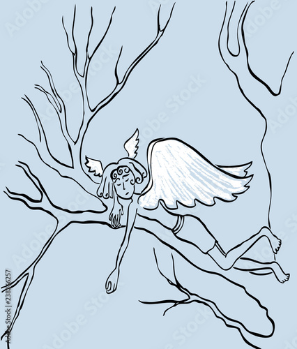Vector drawing of an angel sleeping on a tree branch