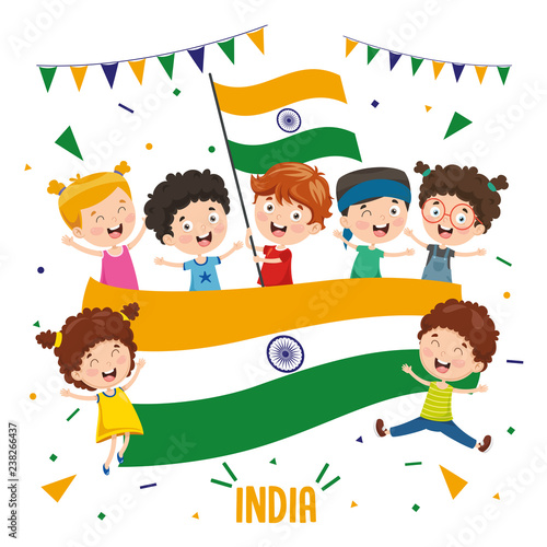 Vector Illustration Of Children Holding India Flag