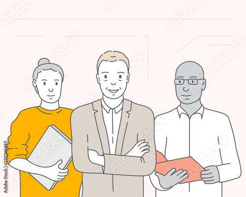 Start up of enterprise, business leader of the new company together with a friendly team - vector flat linear illustration