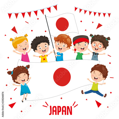 Vector Illustration Of Children Holding Japan Flag