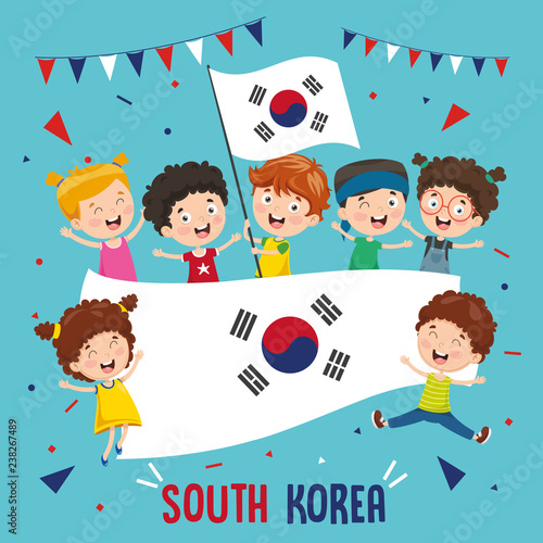 Vector Illustration Of Children Holding South Korea Flag