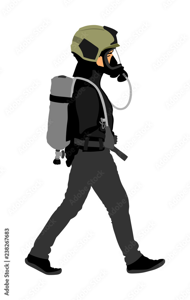 Fireman with helmet gas mask, protect glasses, bottle with oxygen vector isolated. Fire fighter protective gear. Bio hazard equipment against air contamination. Lifeguard rescue activity Nuclear war Fireman with helmet gas mask, protect glasses, bottle with oxygen vector isolated. Fire fighter protective gear. Bio hazard equipment against air contamination. Lifeguard rescue activity Nuclear war
