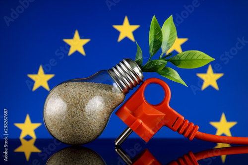 Plug, plant growing inside the light bulbn and European Union Flag. Green eco renewable energy concept. photo