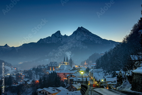 Berchtesgaden City in front of mount Watzmann in Winter