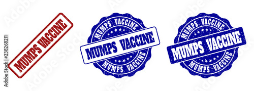 MUMPS VACCINE scratched stamp seals in red and blue colors. Vector MUMPS VACCINE labels with draft texture. Graphic elements are rounded rectangles, rosettes, circles and text labels.