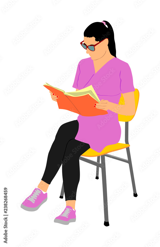 Elegant young woman reading book vector illustration isolated on white background. Girl sitting on chair and reading magazine. Student lady working after class. Quality time in waiting room Elegant young woman reading book vector illustration isolated on white background. Girl sitting on chair and reading magazine. Student lady working after class. Quality time in waiting room