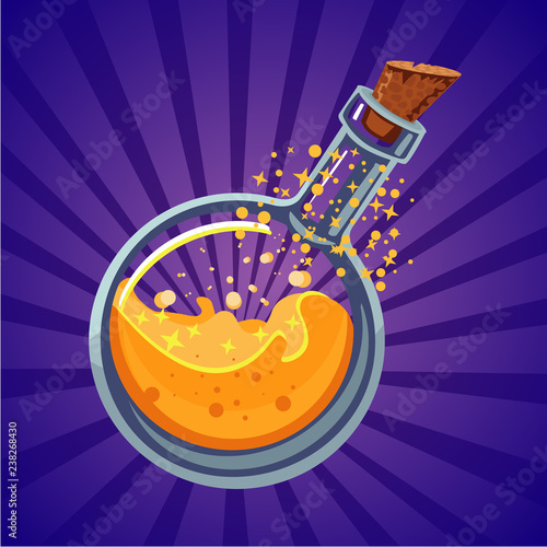Glass bottle with magic elixir. Computer game asset. Fantasy vector cartoon illustration.