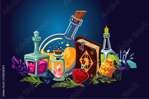 Magic lab with fantasy objects. Cartoon background with alchemy objects. Elixirs and beakers.