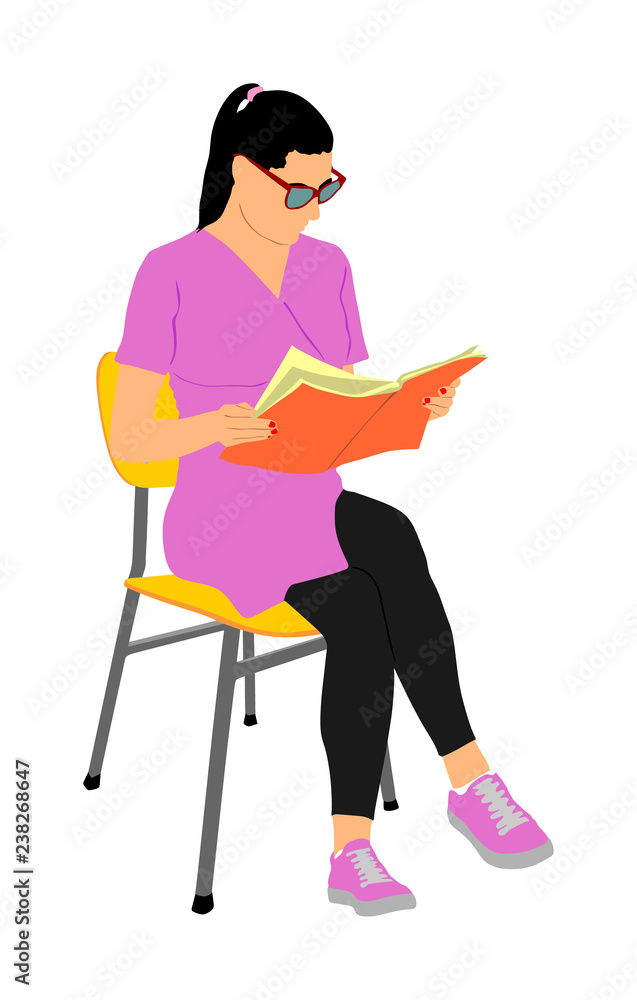 Elegant young woman reading book vector illustration isolated on white background. Girl sitting on chair and reading magazine. Student lady working after class. Quality time in waiting room Elegant young woman reading book vector illustration isolated on white background. Girl sitting on chair and reading magazine. Student lady working after class. Quality time in waiting room