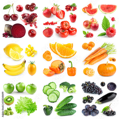 Collection of color fruits and vegetables on white