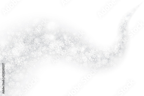 Vector Xmas Swirling Snow Trail Effect with Realistic Transparent Snowflakes and Lights Overlay on Light Silver Background. Merry Christmas and Happy New Year Holidays Illustration
