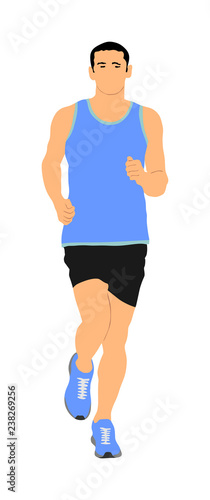 Marathon racer running. Sport man vector illustration. Healthy lifestyle jogging man. Traditional urban race. Runner boy cardio training. Team building. Outdoor activity after work. Health care.