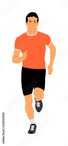 Marathon racer running. Sport man vector illustration. Healthy lifestyle jogging man. Traditional urban race. Runner boy cardio training. Team building. Outdoor activity after work. Health care.