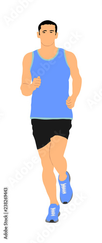 Marathon racer running. Sport man vector illustration. Healthy lifestyle jogging man. Traditional urban race. Runner boy cardio training. Team building. Outdoor activity after work. Health care.