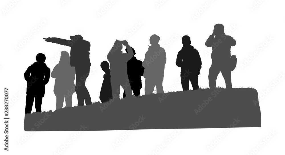 People traveling and having rest. Group of tourist on top of the hill vector silhouette. Hikers with backpacks enjoying valley view from mountain. Rescue team observers. Passenger crew on vacation.