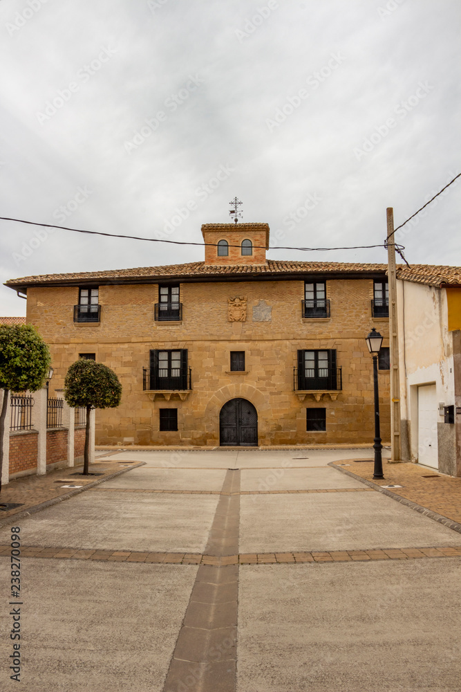 Overcast street view of the town of Obanos, Navarre, Spain
