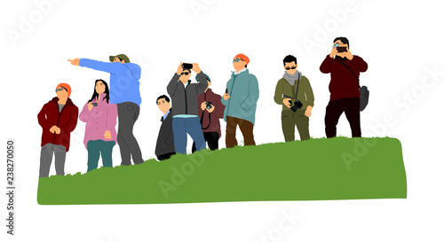 People traveling and having rest. Group of tourist on top of the hill vector illustration. Hikers with backpacks enjoying valley view from mountain. Rescue team observers. Passenger crew on vacation.