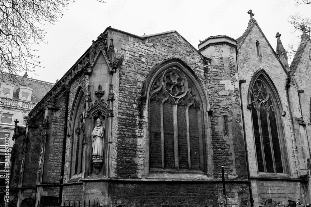 Close up of church in black and white