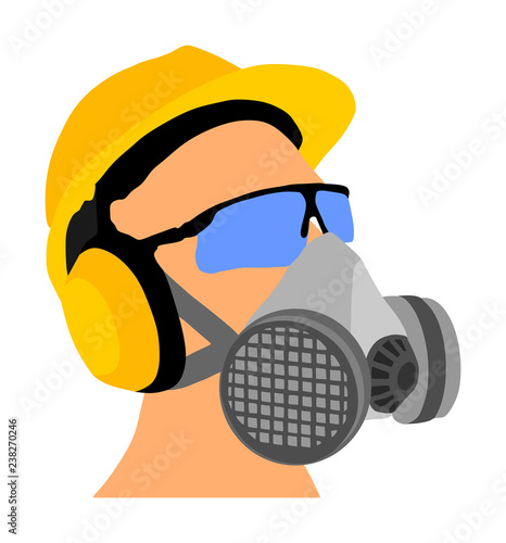 Worker with helmet, gas mask and protect glasses vector isolated on white background. Protective gear. Laborer equipment for engineer. Bio hazard equipment against air contamination. Oil platform kit.