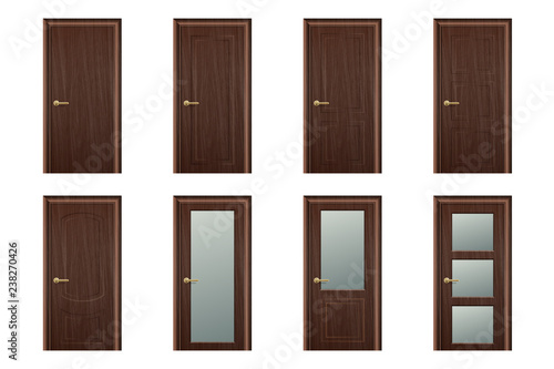 Vector Realistic Different Closed Brown Wooden Door Icon Set Closeup Isolated on White Background. Elements of Architecture. Design template of Classic Home Door for Graphics, Clipart. Front View