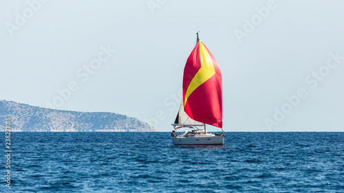 Sailing luxury yacht boat in the Aegean Sea in Greece.