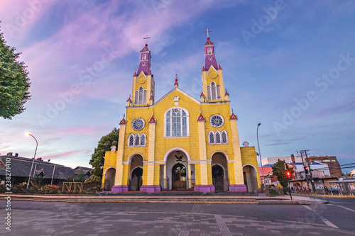 Church of San Francisco at Plaza de Armas Square at sunset - Castro, Chiloe Island, Chile