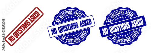 NO QUESTIONS ASKED scratched stamp seals in red and blue colors. Vector NO QUESTIONS ASKED labels with distress texture. Graphic elements are rounded rectangles, rosettes, circles and text labels.
