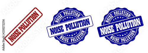 NOISE POLLUTION scratched stamp seals in red and blue colors. Vector NOISE POLLUTION labels with grainy effect. Graphic elements are rounded rectangles, rosettes, circles and text titles.