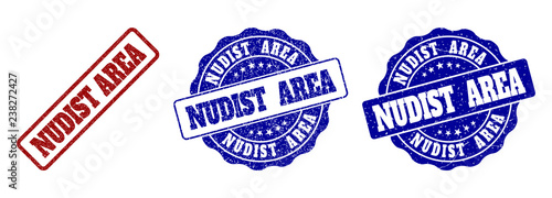 NUDIST AREA scratched stamp seals in red and blue colors. Vector NUDIST AREA labels with scratced style. Graphic elements are rounded rectangles, rosettes, circles and text labels.