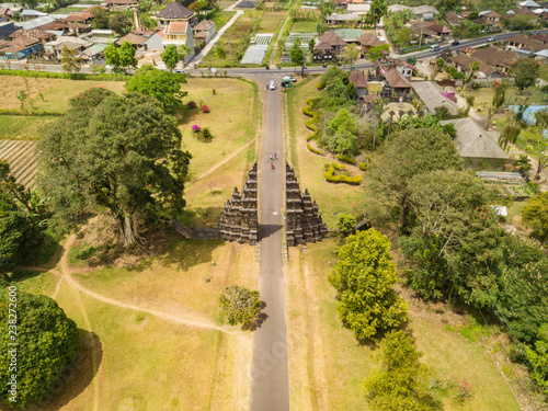 Aerial view of Ancient Bali gate with pathway in Bedugul village. North of Bali island, Indonesia