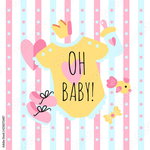 Vector Illustration. Design template card for baby shower. Cute funny overalls, shoes, bottle of milk, crown, fish. Poster for the kid's birthday with text.
