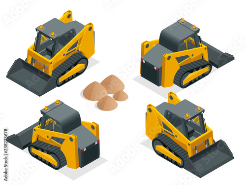 Isometric tracked Compact Excavators. Orange Steer Loader isolated on a white background