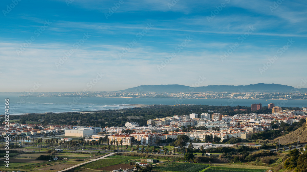 High perspective view of Greater Lisbon from Miradouro Aldeia dos Capuchos in Costa de Caparica