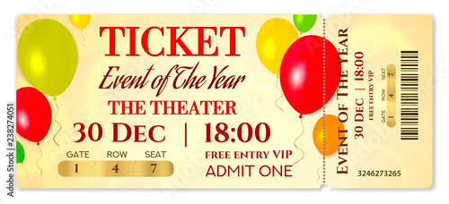 Admission ticket template. Vector mockup concert ticket (tear-off) with colorful air balloons on gold background. Useful for any festival, party, cinema, birthday event, entertainment show