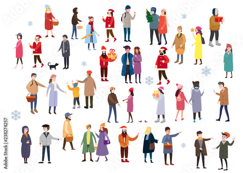 Set of people wearing top winter clothes isolated on white background. A large group of men and women, couples, walking in the winter, drinking drinks, talking, shopping and other outdoor activities