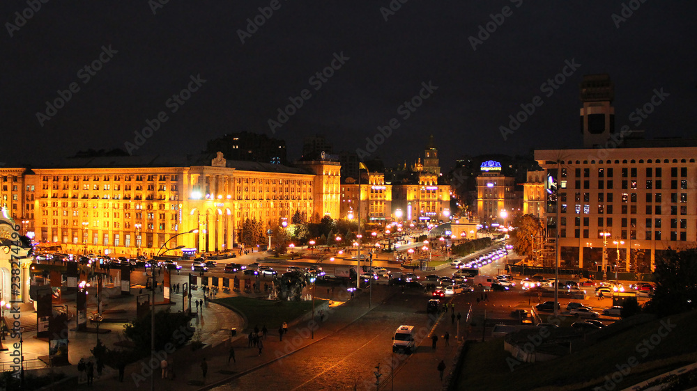 Panorama of Independence Square in Kyiv at night. Lights of night city