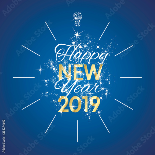 2019 Happy New Year gold midnight firework clock blue background vector