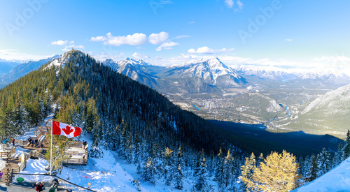 Tourist trails with Canada flag at Sulphur Mountains, Banff national park