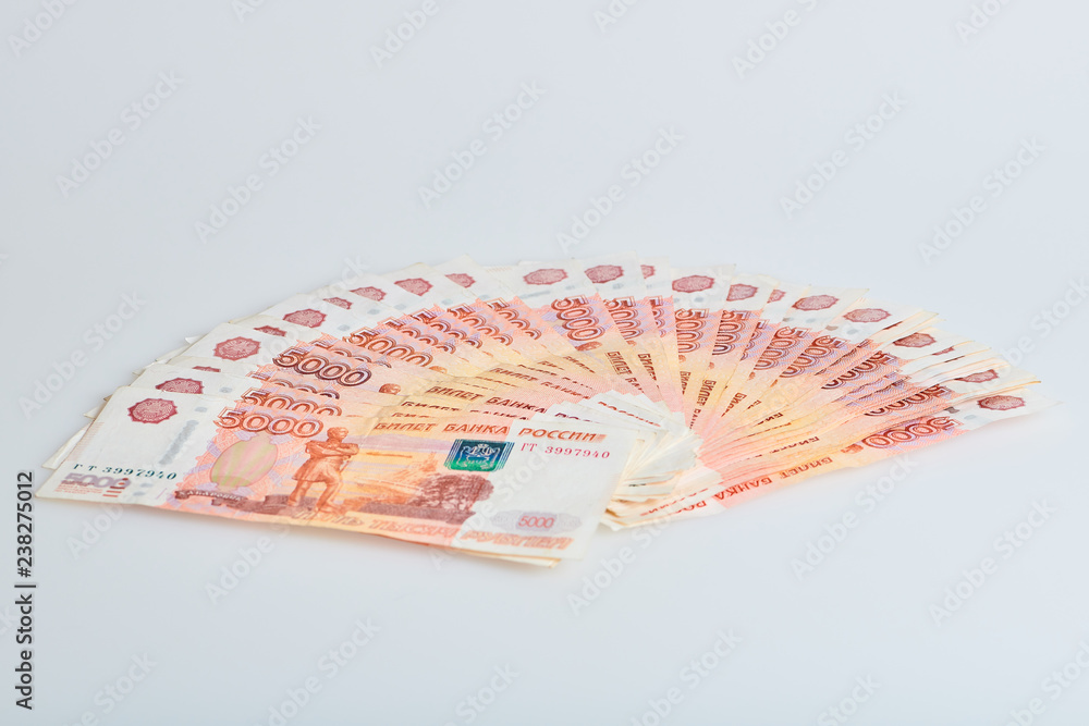 A fan of russian five thousands roubles money banknotes A fan of russian five thousands roubles money banknotes
