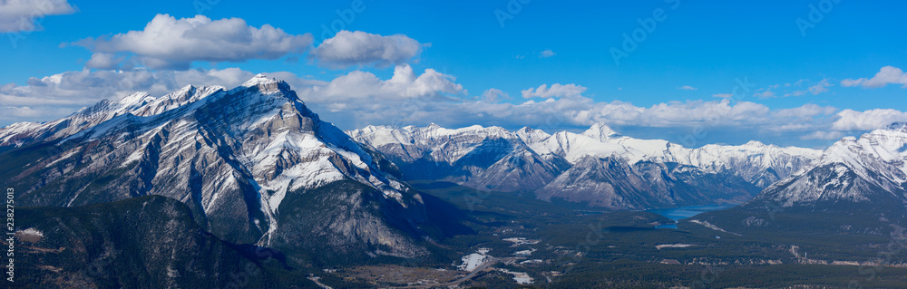 Landscape view of Banff town site and surrounding mountains, as seen from Sulphur Mountain, Banff National Park