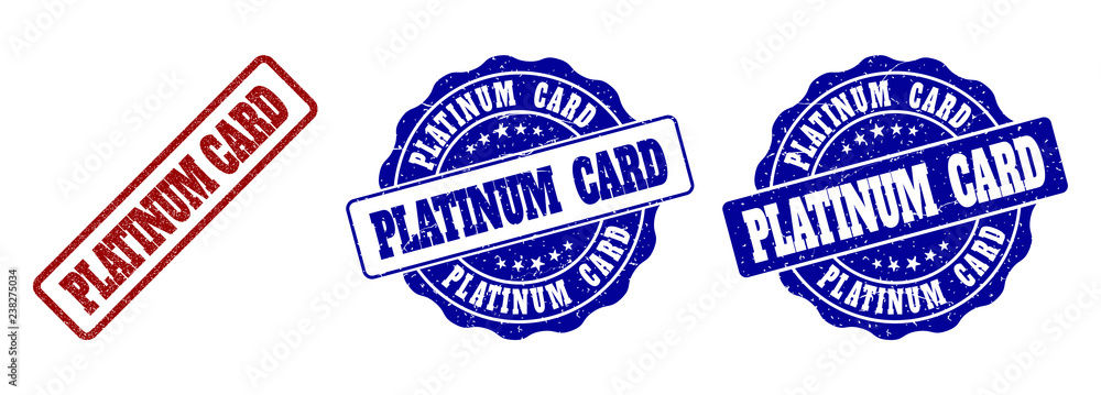 PLATINUM CARD grunge stamp seals in red and blue colors. Vector PLATINUM CARD watermarks with grunge effect. Graphic elements are rounded rectangles, rosettes, circles and text captions.