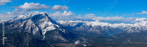 Landscape view of Banff town site and surrounding mountains  as seen from Sulphur Mountain  Banff National Park