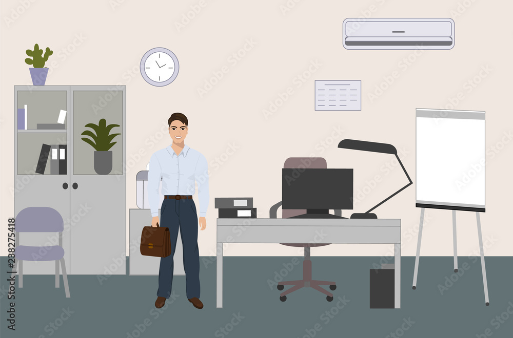 Vector cartoon illustration of the first working day at office. Confident happy man standing near his new workplace with a desk, a printer, a computer. Vector cartoon illustration of the first working day at office. Confident happy man standing near his new workplace with a desk, a printer, a computer.