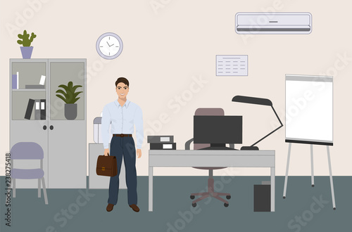 Vector cartoon illustration of the first working day at office. Confident happy man standing near his new workplace with a desk, a printer, a computer.
