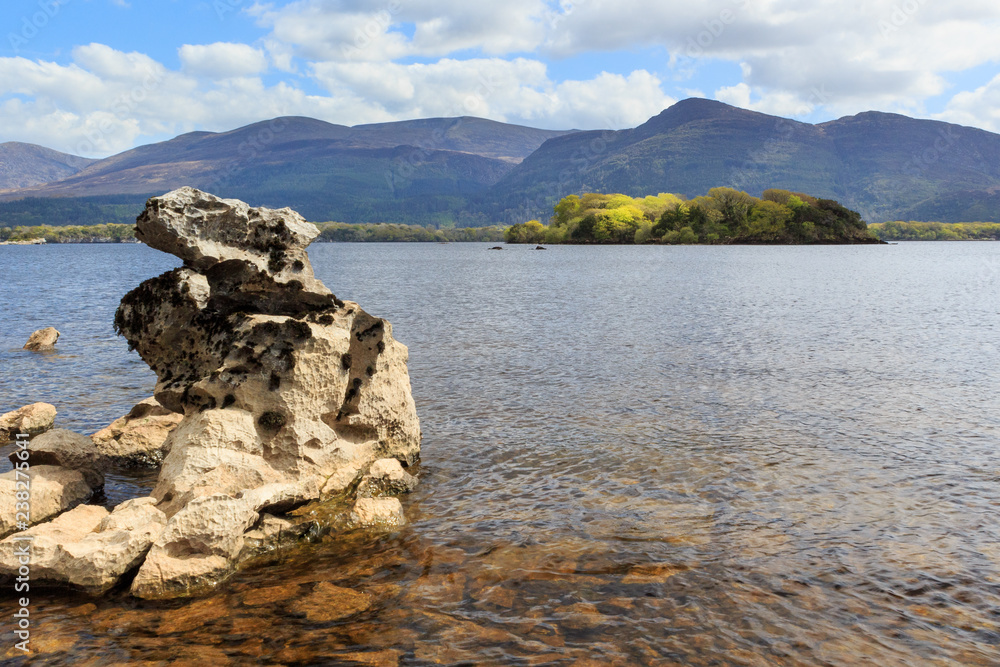 Looking south from Ross Island on the shore of Lough Leane towards Torc Mountain in Killarney National Park, County Kerry, Ireland